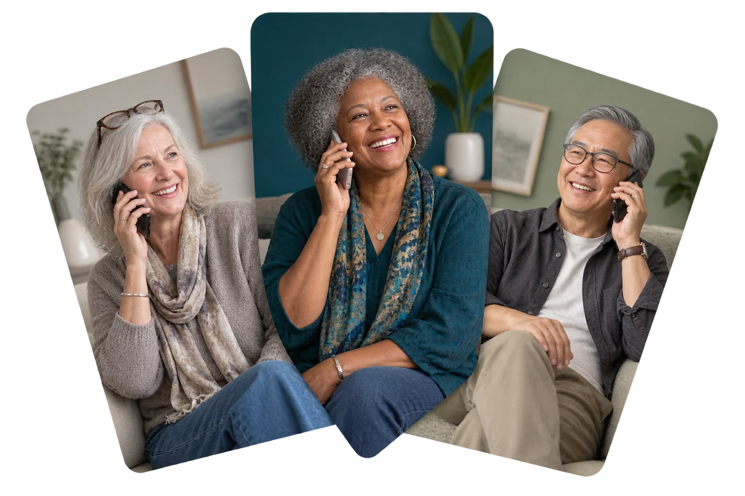 A white woman, a Black woman, and an Asian man smiling during phone calls in a fan of portrait cards
